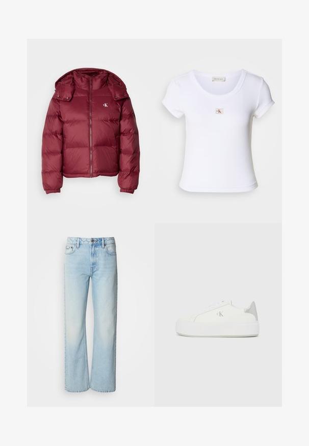 Burgunderfarbene Pufferjacke mit Reißverschluss vorne, abnehmbarer Kapuze, gerippten Bündchen und dem Calvin Klein-Logo auf der Brust. Glatte, glänzende Textur.; Weißes, tailliertes T-Shirt aus geripptem Stoff, mit einem runden Halsauschnitt und kurzen Ärmeln. Ein kleines CK-Logo ist auf der Brust gestickt.; Helle blaue weit geschnittene Jeans aus Denim, mit einem klassischen Fünf-Taschen-Design und einer dezenten, gewaschenen Textur. Die Denim-Nähte sind sichtbar.; Weiße Leinensneaker mit einer dicken weißen Sohle, die ein metallisch silbernes Detail an der Ferse und ein dezentes Logo auf der Seite aufweisen.