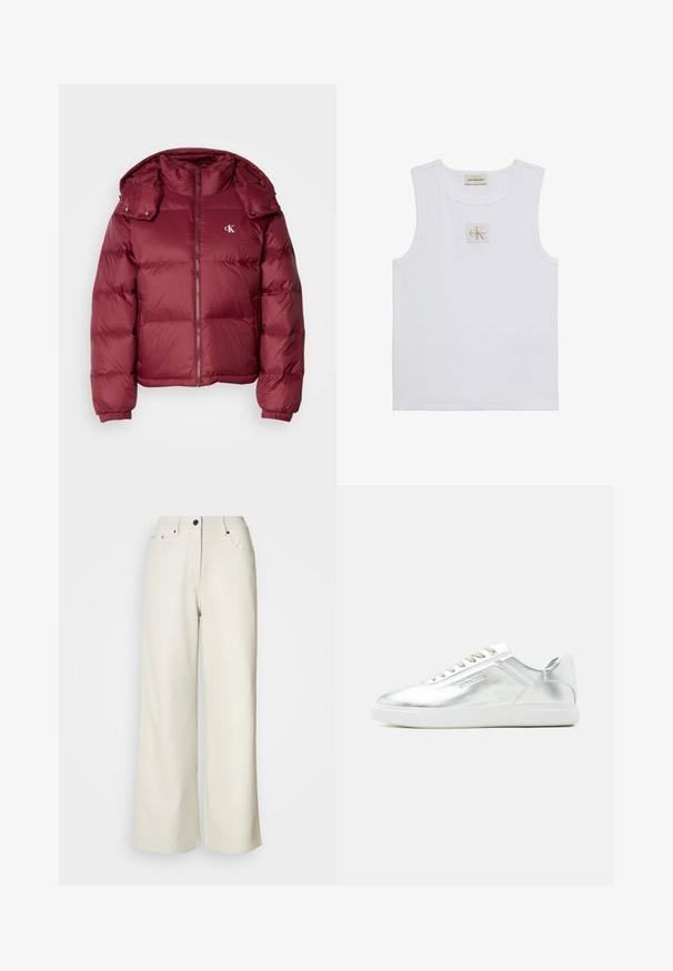 Bordeaux pufferjakke med lynlås foran, aftagelig hætte, ribbede manchetter og Calvin Klein-logo på brystet. Glat, blank overflade.; Hvid ærmeløs tanktop med Calvin Klein Jeans-label på brystet og en label nær halsudskæringen på en ensfarvet hvid baggrund.; Cremefarvede bukser med brede ben lavet af glat stof. Har en mellemhøj talje, lynlås i gulvet og to frontlommer med sorte hardware accenter.; Lavtskåret metallic sølv sneaker med hvid sål og snørebånd, glat tekstur og subtil præget branding på siden.