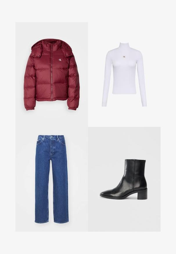 Bordeaux pufferjakke med lynlås foran, aftagelig hætte, ribbede manchetter og Calvin Klein-logo på brystet. Glat, blank overflade.; Hvid langærmet rullekravetrøje med en lille Calvin Klein logo lap placeret centralt på brystet.; Blå denim bred-benede jeans med høj talje, med lynlås og knaplukning, bæltestropper og subtilt falmet detaljer på stoffet.; Sorte læderankelstøvle med spids tå, lav blokhæl og subtilt præget logo. Glat tekstur med et elegant design og minimal søm.