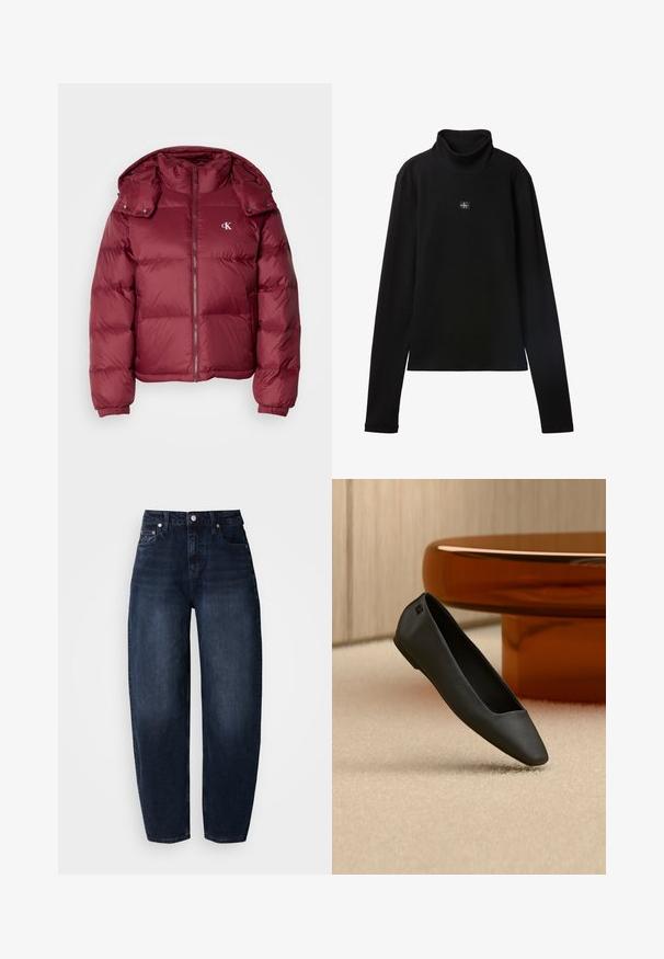 Bordeaux pufferjakke med lynlås foran, aftagelig hætte, ribbede manchetter og Calvin Klein-logo på brystet. Glat, blank overflade.; Sort ribstrikket bluse med lange ærmer og lille firkantet Calvin Klein-logo placeret centralt på brystet.; Mørkeblå denimjeans med løs pasform, med høj talje, lige ben og klassisk fem-lomme design.; Sort spids flad sko, der hviler på en beige tæppe nær et rundt ravfarvet bord i en minimalistisk rumindretning.