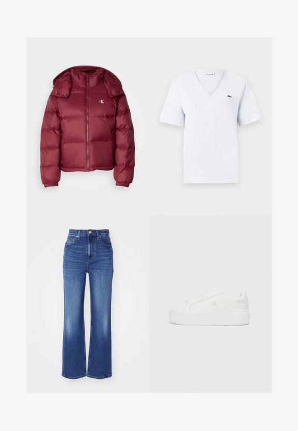 Bordeaux pufferjakke med lynlås foran, aftagelig hætte, ribbede manchetter og Calvin Klein-logo på brystet. Glat, blank overflade.; Lys blå bomulds T-shirt med korte ærmer, V-udskæring og et lille grønt Lacoste krokodillelogo på venstre bryst. Blød tekstur.; Blå denim flared jeans med høj talje, fem lommer, subtil falmning og kontrasterende syninger. Har lynlås og knaplukning.; Hvide platform sneakers med en glat læderoverdel, rund tå, hvide snørebånd og diskret logo-detalje på siden. Flad gummisål.
