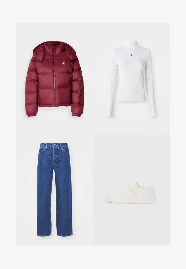 Bordeaux kleurige pufferjack met een rits aan de voorkant, afneembare capuchon, geribbelde boorden en het Calvin Klein-logo op de borst. Soepele, glanzende textuur.; Witte turtleneck met lange mouwen, gemaakt van ribbelstof. Bevat een klein geborduurd logo in het midden. Aansluitend ontwerp zonder patronen.; Blauwe denim wijde benen jeans met een hoge taille, voorzien van een rits en knoopsluiting, riemlussen en subtiele vervagingdetails op de stof.; Witte lage sneaker met dikke zool en zijkant "cK" logo, veters aan de voorkant en minimalistisch ontwerp op een neutrale achtergrond.