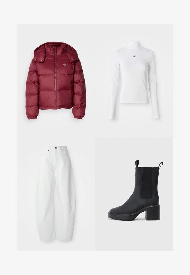 Bordeaux pufferjakke med lynlås foran, aftagelig hætte, ribbede manchetter og Calvin Klein-logo på brystet. Glat, blank overflade.; Langærmet, hvid turtleneck-top lavet af ribbet materiale. Har et lille broderet logo i midten. Tæt pasform uden mønstre.; Højtaljede hvide denimbukser med løs pasform. Har en knaplukning, sidelommer og et minimalistisk design. Glat tekstur.; Sorte ankelstøvler i glat gummimateriale, med elastiske sidepaneler, blokhæle og trækskilt øverst for nem påtagning.