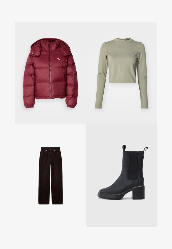 Bordeaux kleurige pufferjack met een rits aan de voorkant, afneembare capuchon, geribbelde boorden en het Calvin Klein-logo op de borst. Soepele, glanzende textuur.; Korte mouwen top in licht olijfgroen, gemaakt van gladde stretchstof, met een hoge hals en een Calvin Klein-logo op de kraag.; Zwarte jeans met rechte pijp, met vooraan knoop en rits, twee voorzakken en riemlussen op een witte achtergrond.; Zwarte enkellaars met een gladde rubberen materiaal, elastische zijkanten, blokhak en instaplipjes aan de bovenkant voor makkelijk aan- en uittrekken.