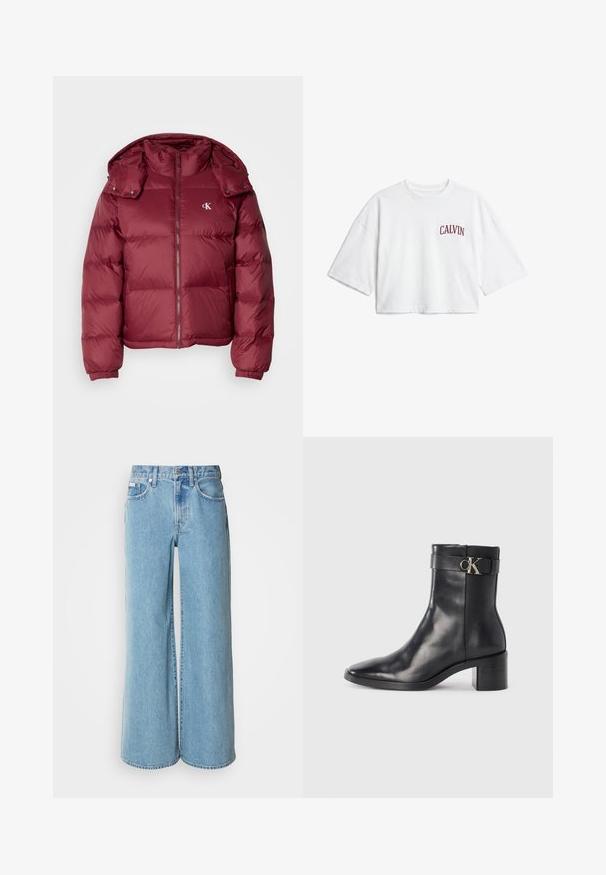 Bordeaux kleurige pufferjack met een rits aan de voorkant, afneembare capuchon, geribbelde boorden en het Calvin Klein-logo op de borst. Soepele, glanzende textuur.; Witte cropped shirt met korte mouwen en wijde mouwen met "CALVIN" gedrukt in rode letters op de linkerborst.; Lichtblauwe wijde jeans van denim, met een hoge taille, vijf pockets en subtiele vervaging langs de stof.; Zwarte leren enkellaars met een spitse neus, blokhak en een bandje met een metallic logo. Gladde textuur en minimalistisch ontwerp.