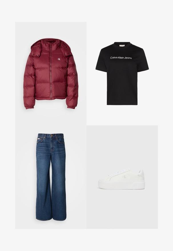 Burgunderfarbene Pufferjacke mit Reißverschluss vorne, abnehmbarer Kapuze, gerippten Bündchen und dem Calvin Klein-Logo auf der Brust. Glatte, glänzende Textur.; Schwarzes T-Shirt mit kurzen Ärmeln und weißem "Calvin Klein Jeans"-Text, zentriert auf der Brust und rundem Halsausschnitt.; Weite Jeans aus dunkelblauem Denim. Merkmale sind eine hohe Taille, fünf Taschen und kontrastierender orangefarbener Stitching entlang der Nähte.; Weiße Plattform-Sneaker mit einem glatten Leder-Obermaterial, abgerundetem Zehenbereich, weißen Schnürsenkeln und dezentem Logo-Detail an der Seite. Flache Gummisohle.