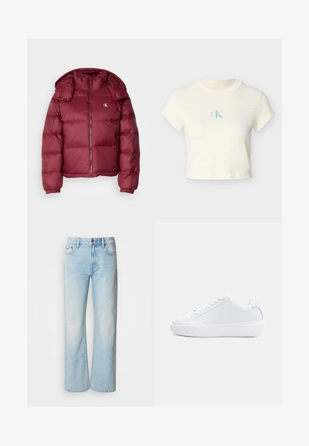 Bordeaux pufferjakke med lynlås foran, aftagelig hætte, ribbede manchetter og Calvin Klein-logo på brystet. Glat, blank overflade.; Kort cremefarvet t-shirt med subtile gule striber, ribbet tekstur og en lyseblå logo centreret på brystet. Korte ærmer og rund hals.; Lyseblå brede jeans lavet af denim med et klassisk fem-lomme design og en subtil falmet tekstur. Denim-syninger er synlige.; Hvid lavtop-sneaker med snørelukning, tyk sål og glat overdel, vist fra ydersiden mod en ensartet lys baggrund.