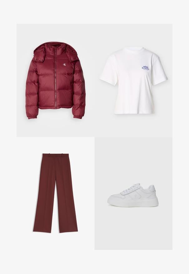 Bordeaux pufferjakke med lynlås foran, aftagelig hætte, ribbede manchetter og Calvin Klein-logo på brystet. Glat, blank overflade.; Hvid bomulds t-shirt med korte ærmer, der har en blåt broderet "Calvin Klein New York" logo på venstre brystområde.; Højtaljede bordeauxfarvede bukser med vide ben, bæltestropper og folder foran, vist på hvid baggrund.; Tommy Hilfiger SNEAKER - Sneakers - white