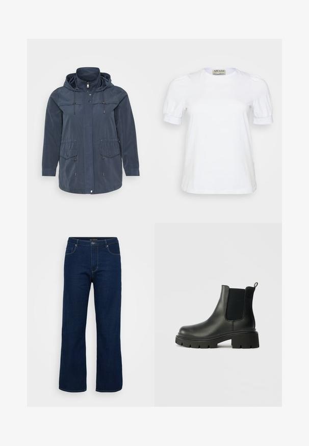Marineblå jakke med hætte, der har to øverste lommer, justerbare snore og knaplukning foran. Letvægtsmateriale.; Hvid kortærmet t-shirt lavet af bomuld, med rund halsudskæring og pufærmer med elastiske manchetter. Simpelt og klassisk design.; Mørkeblå denim jeans med lige pasform, der har en lynlås, fem lommer og synlige syninger.; Sorte læder Chelsea støvler med elastiske sidepaneler, en struktureret overflade og en kraftig gummisål. Har en trækstrop for nem påklædning.