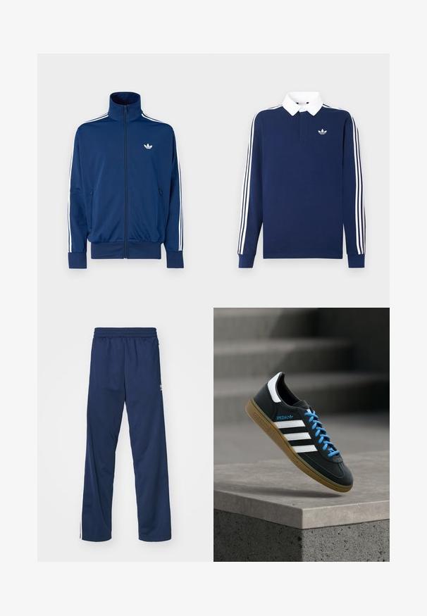 Temno modra trenirka z visokim ovratnikom, sprednjim zadrgo in belimi črtami po rokavih. Na prsih majhen beli logotip.; Mornarsko modra polo majica z dolgimi rokavi, bombažno blago, bel ovratnik, z značilnimi tremi belimi črtami vzdolž rokavov in majhnim logotipom na prsih.; Temno modri atletski hlače z elastiko v pasu, ki imajo bele stranske črte in logotip na levi stegn.; Črni Adidas supergi z belimi črtami, modrimi vezalkami in gumijastim podplatom, ki lebdi nad sivim betonskim stopniščem v mehki svetlobi.