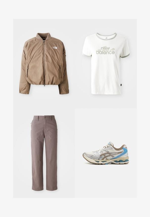 Brun isoleret bomberjakke med ribbet krave, frontlynlås og sidelommer; har logoet i hvid på venstre bryst.; Hvid bomulds T-shirt med grå kant, der har et blomstermotiv og teksten "new balance" i lys grøn. Korte ærmer, almindelig pasform.; Brune bomulds twill bukser med lige ben, der har en frontknaplukning og sidelommer, glat tekstur og rene linjer.; Hvid og beige løbesko med blå accenter, netoverdel, polstret sål og snørelukning, vist fra ydersiden.