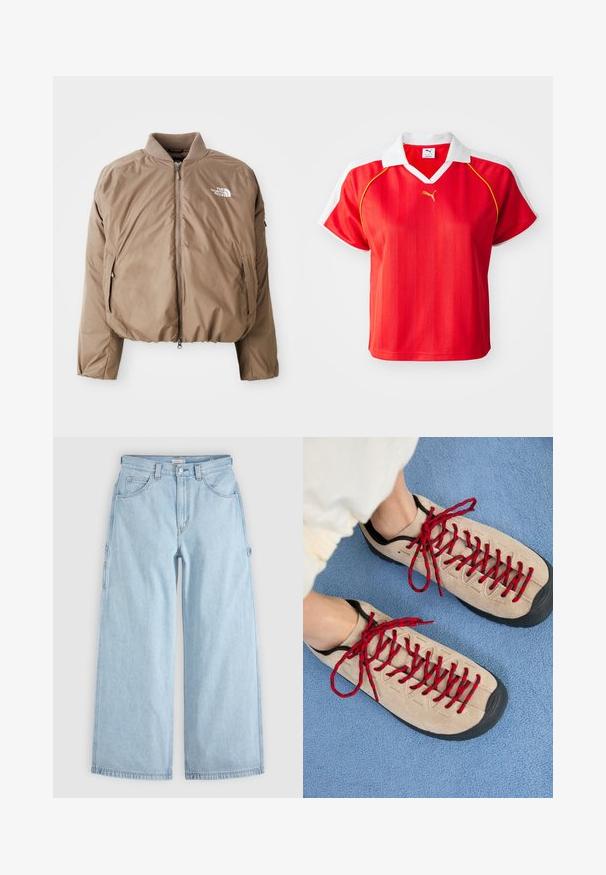 Brun isoleret bomberjakke med ribbet krave, frontlynlås og sidelommer; har logoet i hvid på venstre bryst.; Rød sporty polo-shirt med hvid krave og ærmer, prydet med lodrette striber og et lille guld-logo foran. Letvægtsmateriale.; Lyseblå brede jeans med frontlommer, bæltestropper og sidelommer til værktøj, lagt fladt på en grå baggrund.; Beige sko med røde snørebånd, placeret på en blå tekstureret overflade, delvist synliggørende en persons ankel. Skoene har et sporty design.