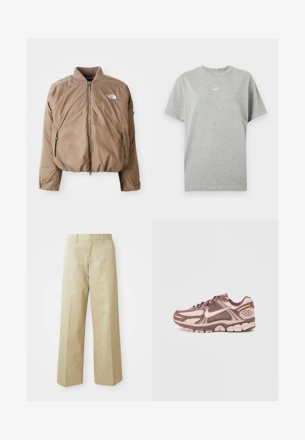 Brun isoleret bomberjakke med ribbet krave, frontlynlås og sidelommer; har logoet i hvid på venstre bryst.; Grå kortærmet bomuld T-shirt med rund hals og lille hvid Nike swoosh logo centreret på brystet.; Beige vide bukser lavet af bomuld med en glat tekstur. Har en lige pasform, bæltestropper og skrå lommer.; Lette løbesko med en mesh-øvre i pink og brune nuancer, med strukturerede detaljer og en polstret såldesign.