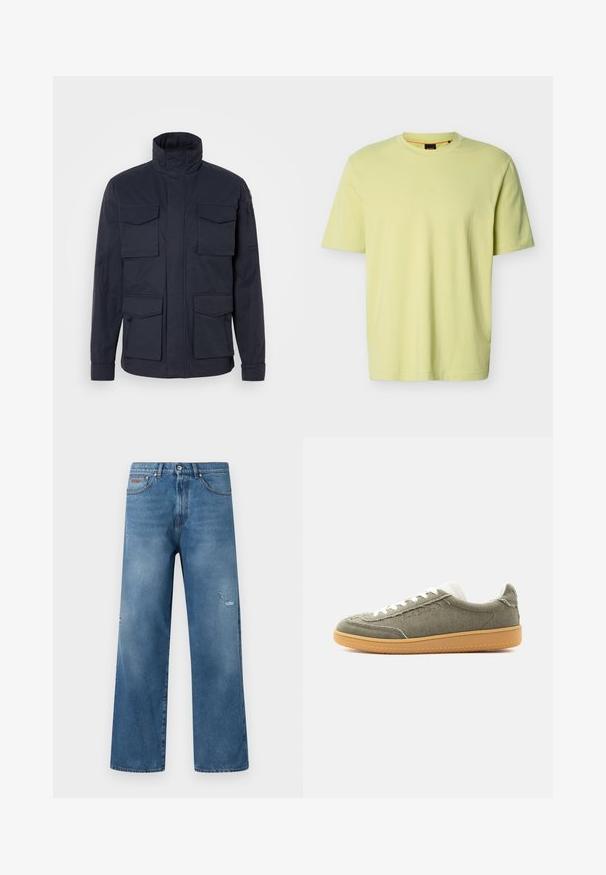 Veste bleu marine en tissu avec un col haut, dotée de quatre poches avant et d'une poche zippée sur la manche.; T-shirt en coton jaune clair à manches courtes avec col rond et logo "BOSS" en relief subtil sur la poitrine.; Jean en denim bleu avec une coupe droite, légère usure sur la cuisse droite, style cinq poches, et taille avec fermeture à boutons.; Baskets basses décontractées avec dessus en tissu vert olive, lacets blancs, col rembourré et semelle en gomme, présentées sur un fond uni.
