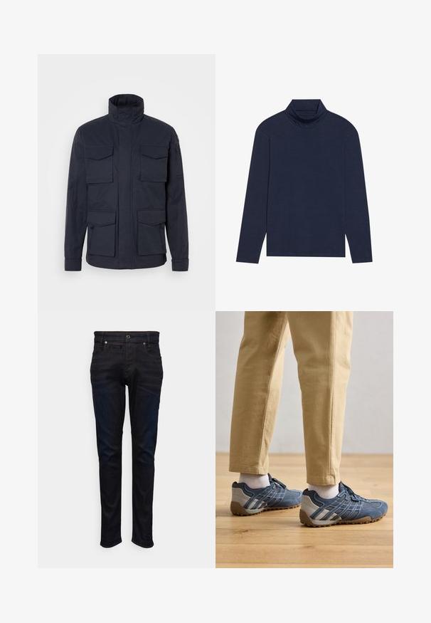 Veste bleu marine en tissu avec un col haut, dotée de quatre poches avant et d'une poche zippée sur la manche.; Haut à col roulé à manches longues de couleur marine, fabriqué en tissu doux et extensible avec un design ajusté, présentant un col haut et sans motifs ni éléments matériels visibles.; Jeans en denim foncé à coupe slim, dotés de cinq poches, d'une fermeture à bouton à l'avant et de détails de couture orange contrastants.; Baskets de sport bleues en maille texturée et en suède, avec des accents gris et une semelle en caoutchouc marron. Portées avec des pantalons de couleur claire.