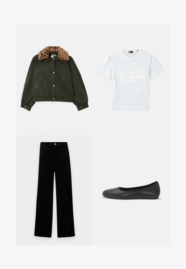Ελιά πράσινο bomber jacket με γιακά από μη-real leopard print, εμπρός κούμπωμα με κουμπιά, και δύο φερμουάρ πλαγιές τσέπες. Ελαστικές μανσέτες και στρίφωμα.; Ανοιχτό μπλε κοντομάνικο μπλουζάκι με κρεμ γιακά και φουσκωτά μανίκια, με λευκό κείμενο "The Kooples" και σχέδιο αστραπής.; Μαύρο χοντροκομμένο παντελόνι σε φαρδιά γραμμή με υφή, διαθέτει εμπρόσθιες τσέπες και μια ασημένια λεπτομέρεια κουμπιού στη μέση.; Μαύρο δερμάτινο μπαλαρίνι με στρογγυλή μύτη, λεία υφή, ελάχιστες λεπτομέρειες ραφής και σχεδίαση ευέλικτης σόλας.