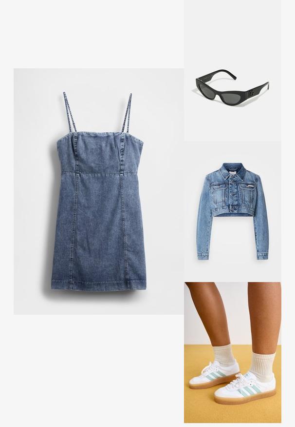 Lysblå cropped denimjakke med frontknapper, to brystlommer og klassisk krave. Har subtile falmninger og synlingsdetaljer.; Denimkjole med tynde stropper, tætsiddende bodice og udvidet nederdel. Har en mørkeblå vask og syningsdetaljer langs sømmene.; Hvite sneakers med mintgrønne striber, gummisål og snørebånd, parret med ribbede cremefarvede sokker. Sat mod en gul baggrund.; Sorte solbriller med en slank, vinkelret ramme, mørkt tonede linser og prægede logodetaljer på stangen. Glat mat finish.