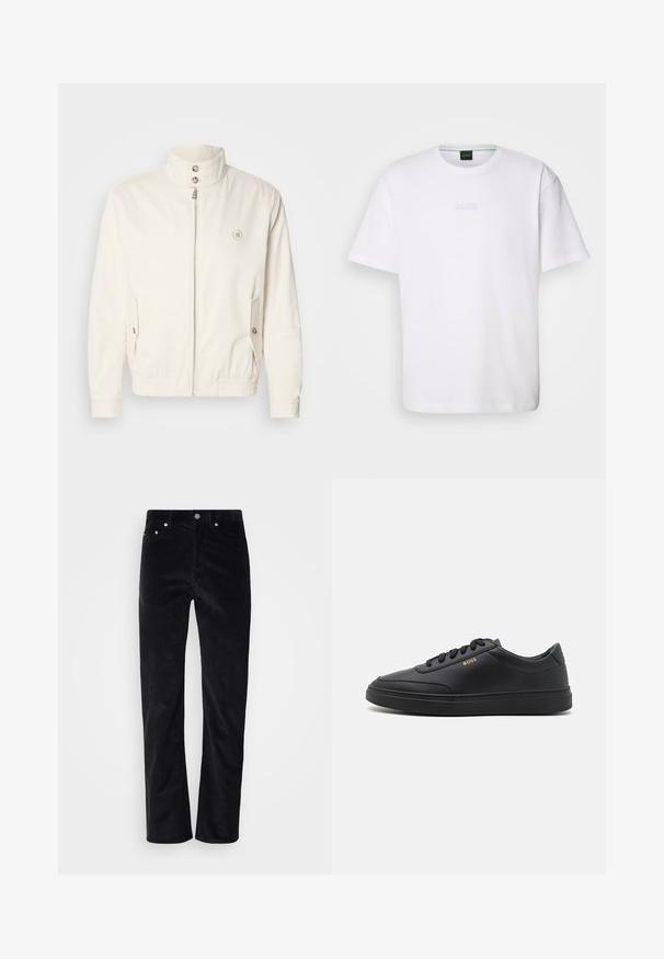 Veste légère blanche avec un col haut, fermeture éclair à l'avant, deux poches latérales et des poignets élastiques. Présente un logo sur la poitrine gauche.; T-shirt en coton blanc à manches courtes, col rond, avec un logo « BOSS » en relief sur la poitrine. Texture lisse, coupe standard.; Pantalons en velours côtelé noir avec une coupe droite. Présentent une fermeture à bouton et un style à cinq poches. Tissu texturé à côtes.; Baskets en cuir noir avec une texture lisse, bout rond, semelle en caoutchouc plate et lacets ton sur ton. Présente une marque "BOSS" dorée sur le côté.