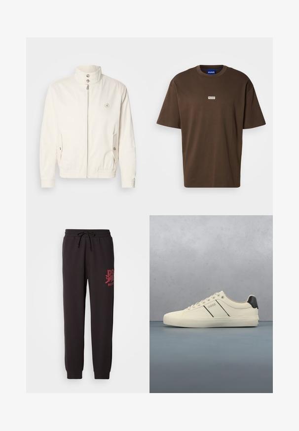Veste légère blanche avec un col haut, fermeture éclair à l'avant, deux poches latérales et des poignets élastiques. Présente un logo sur la poitrine gauche.; T-shirt en coton marron avec manches courtes et col rond. Présente un petit logo rectangulaire blanc avec l'inscription "HUGO" sur le devant.; Pantalons de survêtement noirs avec une taille à cordon de serrage, ornés d'un logo imprimé bordeaux sur la jambe gauche. Fabriqués en tissu doux et texturé.; Baskets de couleur crème avec une texture lisse, dotées d'accents et de marquage noirs. Design classique à lacets avec un bout rond et une semelle en caoutchouc.