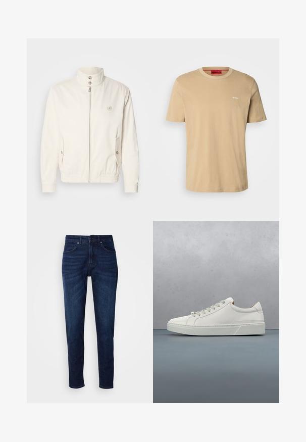 Veste légère blanche avec un col haut, fermeture éclair à l'avant, deux poches latérales et des poignets élastiques. Présente un logo sur la poitrine gauche.; T-shirt en coton beige avec un col rond, des manches courtes et un petit logo blanc "HUGO" sur la poitrine. Texture lisse sans motifs.; Jean en denim bleu foncé avec une coupe droite, comportant des poches et une fermeture à bouton à la taille. Texture douce, détails de décoloration minimes.; Baskets en cuir blanc avec un bout arrondi, design minimaliste, lacets gris et semelle en caoutchouc gris texturé. Détails de couture subtils visibles.