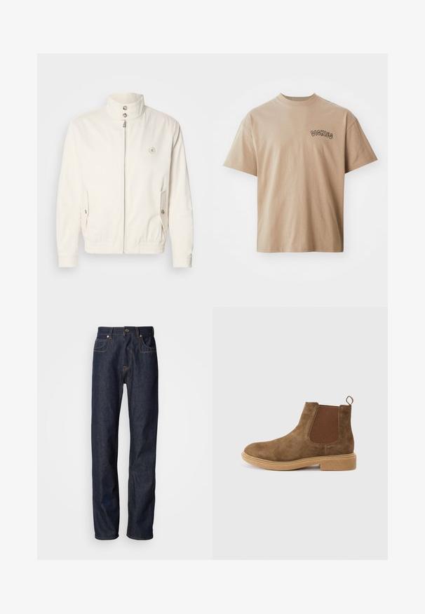 Veste légère blanche avec un col haut, fermeture éclair à l'avant, deux poches latérales et des poignets élastiques. Présente un logo sur la poitrine gauche.; T-shirt en coton beige à manches courtes et col rond. Présente le logo « DICKIES » imprimé en noir sur la poitrine gauche. Coupe classique et texture lisse.; Jean en denim bleu foncé avec une coupe droite, présentant des surpiqûres cuivrées, un design à cinq poches, et une fermeture à glissière classique avec bouton.; Bottine en suède marron avec panneaux latéraux élastiques, bout rond et semelle en caoutchouc texturée. Elle se distingue par une petite boucle à l'arrière pour un enfilage facile.