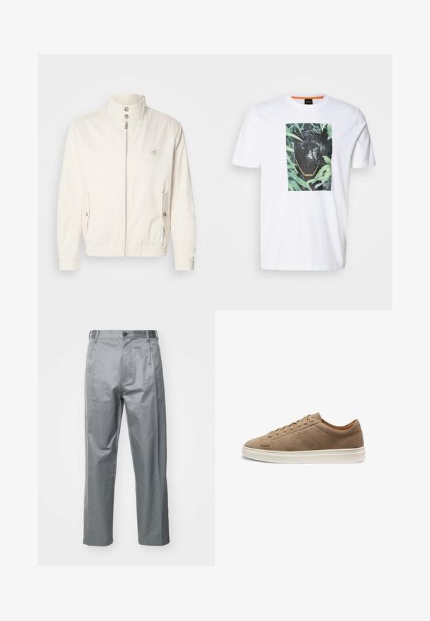 Veste légère blanche avec un col haut, fermeture éclair à l'avant, deux poches latérales et des poignets élastiques. Présente un logo sur la poitrine gauche.; T-shirt en coton blanc portant un graphique marqué d'un panthère noire entourée de feuillage vert, avec une chaîne dorée et un détail de marque.; Pantalons en mélange de coton gris à coupe droite, avec une fermeture à bouton sur le devant, des passants de ceinture et des poches latérales.; Baskets basses en daim beige avec fermeture à lacets sur le devant et semelle en caoutchouc blanche, vue de côté, coutures minimales et logo de la marque en relief.