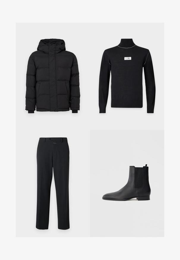 Veste matelassée noire avec capuche, design matelassé, poignets élastiques, fermeture éclair et poches avant. Fabriquée en matériau synthétique léger.; Pull noir à col roulé manches longues avec des coutures blanches sur les épaules et un petit patch logo rectangulaire blanc sur la poitrine.; Pantalon noir à coupe droite, en tissu lisse. Il présente une fermeture à bouton à l'avant et des détails de couture subtils. Conception simple sans motifs.; Botte Chelsea en cuir noir avec panneaux latéraux élastiques et petit talon empilé, vue de profil sur un fond clair uni.