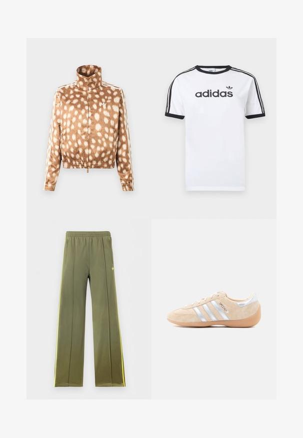 Brown zip-up jacket with white spotted pattern, high collar, elastic cuffs, and white Adidas stripes on sleeves.; White cotton t-shirt with black accents, features a crew neck, short sleeves, three black stripes on shoulders, and "adidas" logo in black.; Olive green track pants with elastic waistband, side pockets, yellow side stripes, and small trefoil logo on the front.; Beige suede sneaker with silver accents, three lateral stripes, rubber gum sole, and textured detailing on the toe and heel.