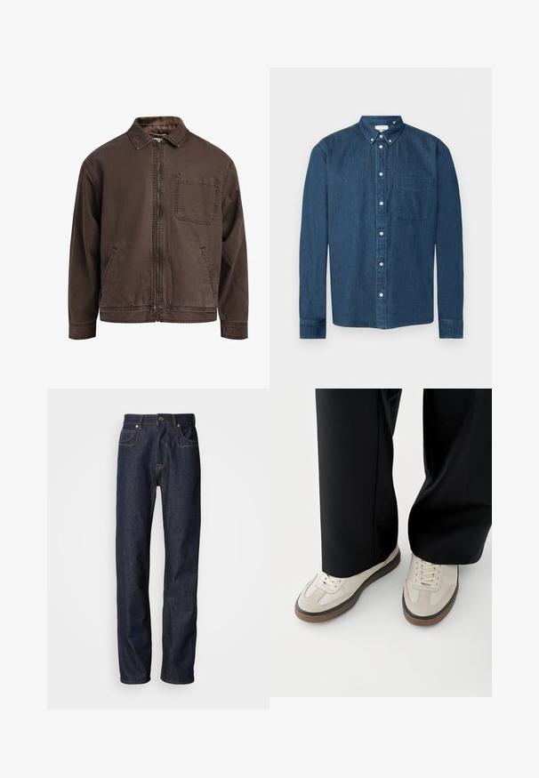 Veste brune zippée en tissu durable ; elle est dotée d'un col, de manches longues, de poches avant et d'une poche poitrine.; Chemise en denim bleu foncé boutonnée, manches longues, une poche avant à gauche et un col boutonné, présentée sur fond blanc.; Jean en denim bleu foncé avec une coupe droite, présentant des surpiqûres cuivrées, un design à cinq poches, et une fermeture à glissière classique avec bouton.; Pieds portant des baskets beige avec des semelles marron et un pantalon noir à jambes larges sur fond blanc.