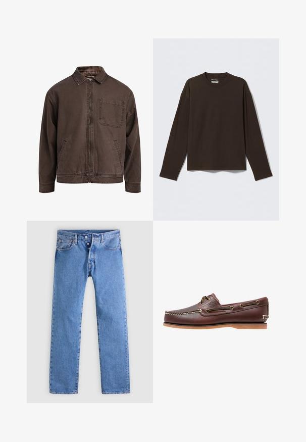 Veste brune zippée en tissu durable ; elle est dotée d'un col, de manches longues, de poches avant et d'une poche poitrine.; T-shirt à manches longues marron foncé avec col rond et ourlet droit, posé à plat sur un fond gris clair.; Jean en denim bleu clair avec une coupe droite, cinq poches et une braguette à deux boutons. Présente un léger délavage et des coutures contrastées.; Chaussure bateau en cuir marron avec coutures blanches, détails de lacets et semelle en caoutchouc beige, vue de côté sur fond blanc.