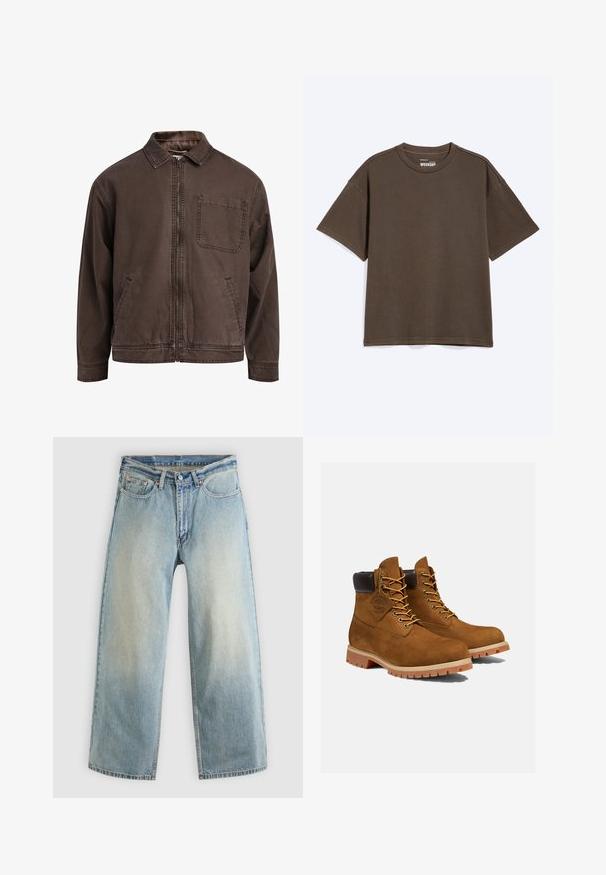 Veste brune zippée en tissu durable ; elle est dotée d'un col, de manches longues, de poches avant et d'une poche poitrine.; T-shirt uni vert olive foncé à manches courtes et col rond, avec des coutures visibles et une étiquette de la marque Weekday à l'intérieur du col.; Jean denim bleu clair à jambes larges avec une finition délavée. Comprend un design standard à cinq poches et une fermeture à bouton métallique.; Bottines en daim marron avec un col rembourré noir, œillets dorés et semelle en caoutchouc épais avec un motif à crampons pour l'adhérence.