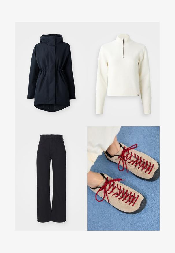Marineblauer Parka mit Kapuze, verstellbaren Taillen-Zugbändern und Knopfmanschetten, designed für kaltes Wetter.; Weißer Sweater mit Reißverschluss am Hals und langen Ärmeln. Aus weichem Strickmaterial gefertigt, mit gerippten Bündchen und Saum. Dezentes Markenlogo am Saum.; Schwarze hochgeschnittene weite Jeans mit Knopf- und Reißverschluss vorne, Gürtelschlaufen und zwei Vordertaschen auf weißem Hintergrund.; Beige Schuhe mit roten Schnürsenkeln, die auf einer blauen strukturierten Fläche positioniert sind und teilweise ein Fußgelenk einer Person zeigen. Die Schuhe haben ein sportliches Design.