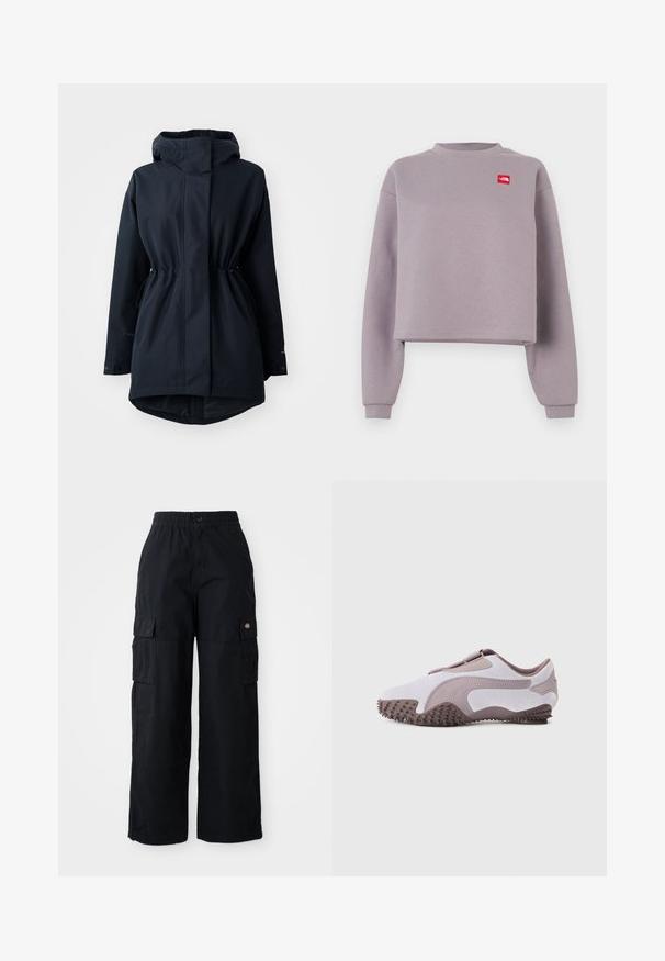 Marineblauer Parka mit Kapuze, verstellbaren Taillen-Zugbändern und Knopfmanschetten, designed für kaltes Wetter.; Lila kurz geschnittenes Sweatshirt mit langen Ärmeln, geripptem Rundhalsausschnitt und einem kleinen roten Logopatch auf der Brust. Weiches Material mit glatter Textur.; Schwarze Cargo-Hosen mit elastischem Bund und Knopf. Sie verfügen über zwei große Seitentaschen und ein Aufnählogo am linken Bein. Weites Bein-Design.; Hellgrauer Sportschuh mit weichem Wildleder-Obermaterial, Gummisohle mit strukturierten Noppen und flexiblem Design. Seitenlogo in dunklerem Farbton.