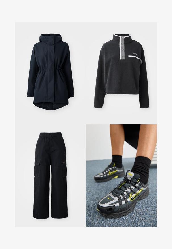 Marineblauer Parka mit Kapuze, verstellbaren Taillen-Zugbändern und Knopfmanschetten, designed für kaltes Wetter.; Schwarzer Fleece-Pullover mit halbem Reißverschlusskragen, ausgestattet mit einer vorderen Brusttasche und kontrastierenden weißen und grauen Akzenten. Weicher Stoff, cropped Design.; Schwarze Cargo-Hosen mit elastischem Bund und Knopf. Sie verfügen über zwei große Seitentaschen und ein Aufnählogo am linken Bein. Weites Bein-Design.; Schwarze und graue Sportschuhe mit reflektierenden silbernen Akzenten, strukturierten Mesh-Panels und leuchtend gelben Details. Schnürdesign mit strukturierter Sohle.