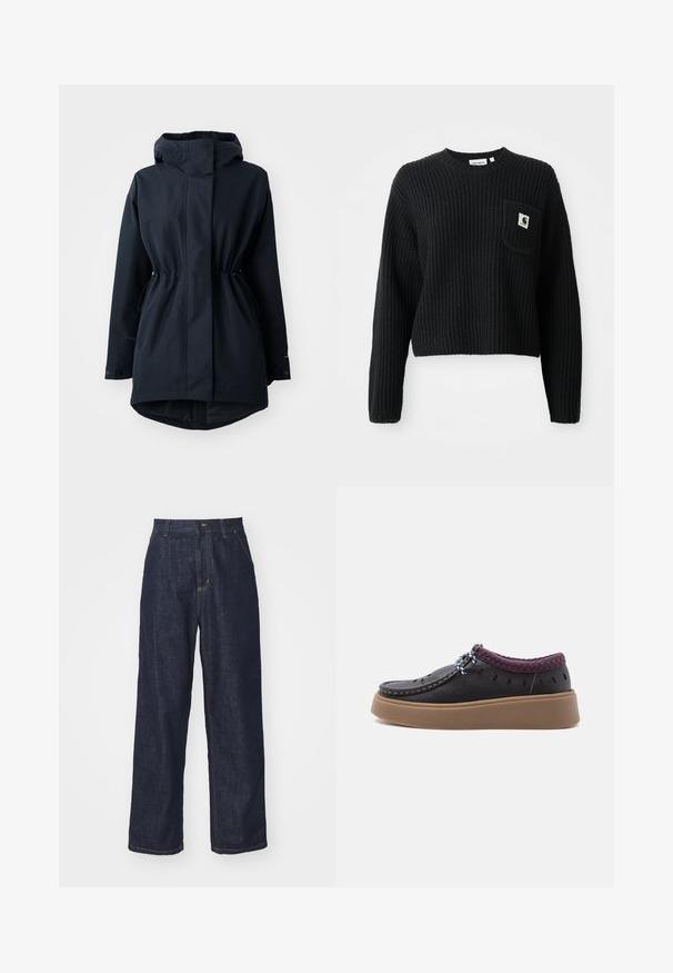 Marineblauer Parka mit Kapuze, verstellbaren Taillen-Zugbändern und Knopfmanschetten, designed für kaltes Wetter.; Schwarzer gerippter Strickpullover mit rundem Ausschnitt, langen Ärmeln und einer Fronttasche mit einem kleinen Logopatch. Verkürzte Länge.; Dunkelblaue gerade geschnittene Jeans mit Gürtelschlaufen, Frontknopf und Seitentaschen auf einem weißen Hintergrund.; Schwarzer Slipper mit brauner Sohle, lila gepolstertem Kragen, tropfenförmigen Perforationen und gestreiftem Schnürdetail auf einfachem Hintergrund.