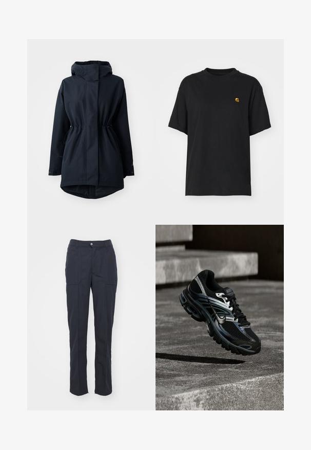 Marineblauer Parka mit Kapuze, verstellbaren Taillen-Zugbändern und Knopfmanschetten, designed für kaltes Wetter.; Schwarzes Baumwoll-T-Shirt mit lockerer Passform. Hat einen Rundhalsausschnitt und kurze Ärmel. Enthält ein kleines, goldfarben gesticktes Logo auf der Brust.; Dunkelblaue Hose mit geradem Schnitt, ausgestattet mit zwei Fronttaschen, einem Knopfverschluss und einer glatten Stofftextur.; Schwarzer und silberner Nike Laufschuh, der über Betontreppen schwebt und im Außenbereich detailliertes Design und strukturierte Sohle zeigt.