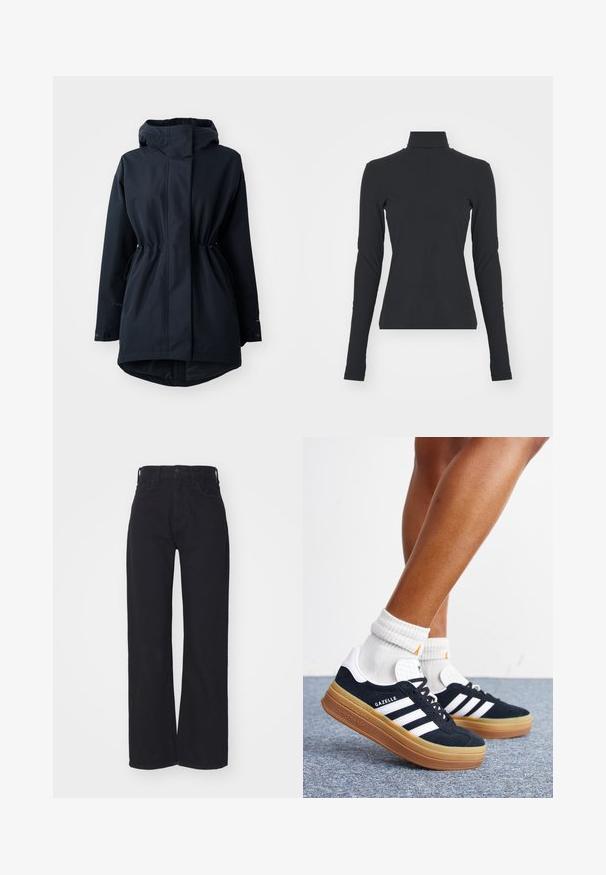Marineblauer Parka mit Kapuze, verstellbaren Taillen-Zugbändern und Knopfmanschetten, designed für kaltes Wetter.; Schwarzes, geripptes Rollkragenshirt mit langen Ärmeln, figurbetontem Schnitt, glatter Textur und dezentem Stretch, entworfen für Komfort und zum Schichten.; Schwarze hochgeschnittene weite Jeans mit Knopf- und Reißverschluss vorne, Gürtelschlaufen und zwei Vordertaschen auf weißem Hintergrund.; Beine mit weißen Socken und schwarzen Adidas Gazelle Sneakers mit weißen Streifen und dicken braunen Sohlen auf einem grauen Teppichboden.