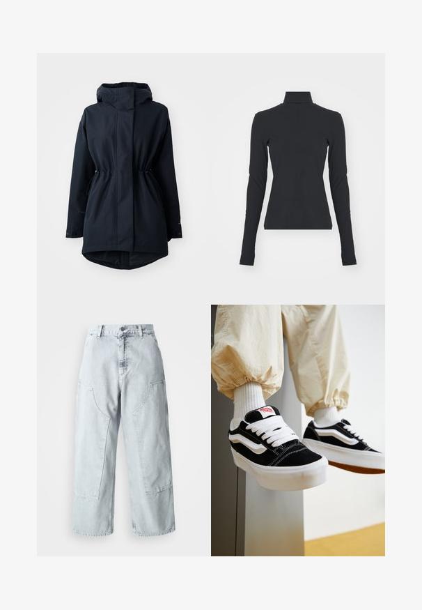 Marineblå hætteparka med justerbare taljebånd og knaplukninger ved håndleddene, designet til koldt vejr.; Sort ribbet turtle neck bluse med lange ærmer, tætsiddende pasform, glat tekstur og subtil stræk, designet til komfort og lagdeling.; Lys blå denim bred benbukser med store sidelommer, høj talje og løst fit. Slidte tekstur med en falmet finish.; Person iført sorte og hvide Vans sneakers med hvide snørebånd, hvide sokker og beige bukser med elastiske manchetter.