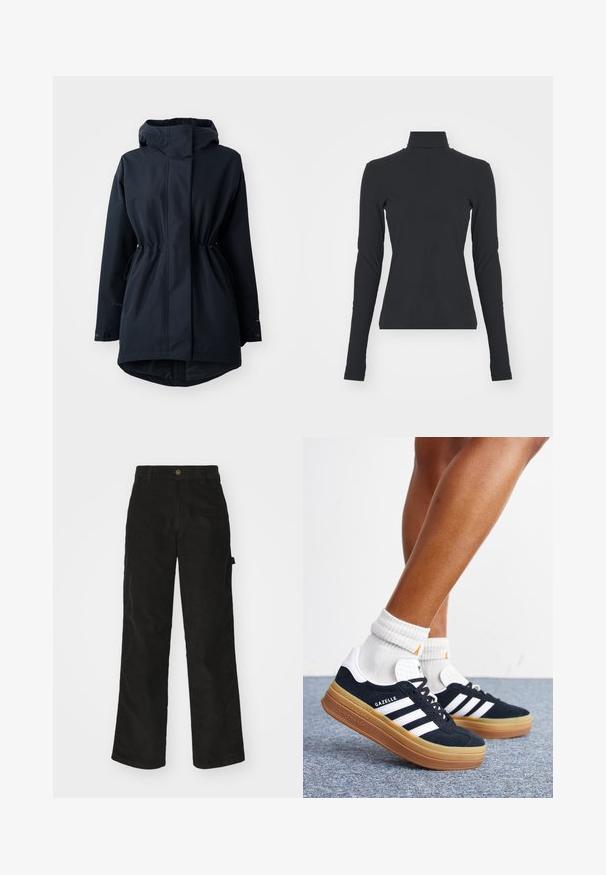 Marineblauer Parka mit Kapuze, verstellbaren Taillen-Zugbändern und Knopfmanschetten, designed für kaltes Wetter.; Schwarzes, geripptes Rollkragenshirt mit langen Ärmeln, figurbetontem Schnitt, glatter Textur und dezentem Stretch, entworfen für Komfort und zum Schichten.; Schwarze Cordhosen mit geradem Schnitt, ausgestattet mit einem Knopfverschluss und einer Seitenlasche. Glatte Textur mit feinen verticalen Streifen.; Beine mit weißen Socken und schwarzen Adidas Gazelle Sneakers mit weißen Streifen und dicken braunen Sohlen auf einem grauen Teppichboden.