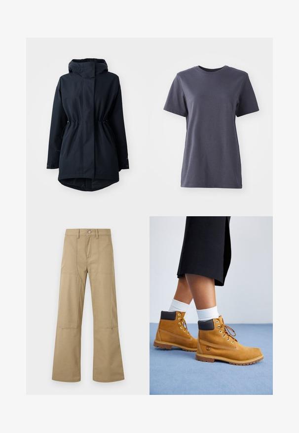 Navyblauwe gewatteerde parka met capuchon, voorzien van verstelbare taillekoord en knoopmanchetten, ontworpen voor koud weer.; Korte mouwen t-shirt van donkergrijs katoen, met een ronde hals, een gladde textuur, rechte zoom, zonder zichtbare patronen of hardwaredetails.; Beige highwaist broek met wijde pijpen, voorzakken met klep, lussen voor een riem en knoopsluiting. Eenvoudige, duurzame stof met zichtbare stiksels.; Tan suède enkellaarsjes met bruine leren accenten, gouden oogjes en een getextureerde zool. Witte sokken zichtbaar boven de laarsjes.