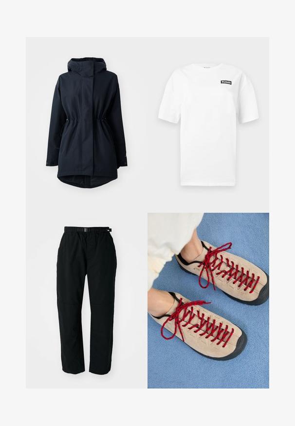 Marineblå hætteparka med justerbare taljebånd og knaplukninger ved håndleddene, designet til koldt vejr.; Hvid T-shirt med korte ærmer og lille sort Columbia Sportswear-logo på øverste venstre bryst.; Sorte letvægtsbukser med elastisk talje og justerbart bælte. Har tapered ben og forstærkede knæpaneler for holdbarhed.; Beige sko med røde snørebånd, placeret på en blå tekstureret overflade, delvist synliggørende en persons ankel. Skoene har et sporty design.