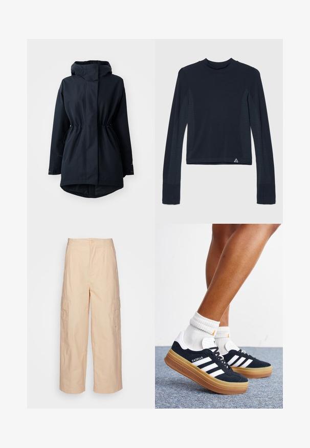 Marineblå hætteparka med justerbare taljebånd og knaplukninger ved håndleddene, designet til koldt vejr.; Langærmet navy top i ribbestrik med prikkede detaljer langs ærmerne og en høj halsudskæring. Varemærkets logo i nederste venstre hjørne.; Beige cargo bukser med en afslappet pasform, der har to sidelommer og en simpel knaplukning foran, lavet af glat, letvægtsstof.; Ben iført hvide sokker og sorte Adidas Gazelle sneakers med hvide striber og tykke brune såler på et gråt tæppe.