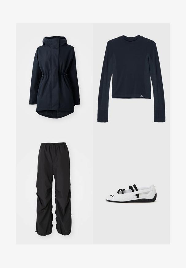 Marineblå hætteparka med justerbare taljebånd og knaplukninger ved håndleddene, designet til koldt vejr.; Langærmet navy top i ribbestrik med prikkede detaljer langs ærmerne og en høj halsudskæring. Varemærkets logo i nederste venstre hjørne.; Sorte bukser med elastisk talje lavet af vandafvisende materiale. Har en løs pasform med sammenhæftede manchetter ved anklerne og ingen synlige mønstre.; Hvide sportsko med sorte detaljer, der har en afrundet tå, elastiske stropper og en struktureret gummisål. Puma-logoet på forsiden.