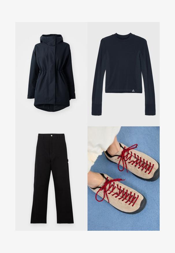 Marineblå hætteparka med justerbare taljebånd og knaplukninger ved håndleddene, designet til koldt vejr.; Langærmet navy top i ribbestrik med prikkede detaljer langs ærmerne og en høj halsudskæring. Varemærkets logo i nederste venstre hjørne.; Sorte bomuldshoser med lige ben, der har lukning med knapper foran, bæltestropper og en sidelomme. Glat tekstur.; Beige sko med røde snørebånd, placeret på en blå tekstureret overflade, delvist synliggørende en persons ankel. Skoene har et sporty design.