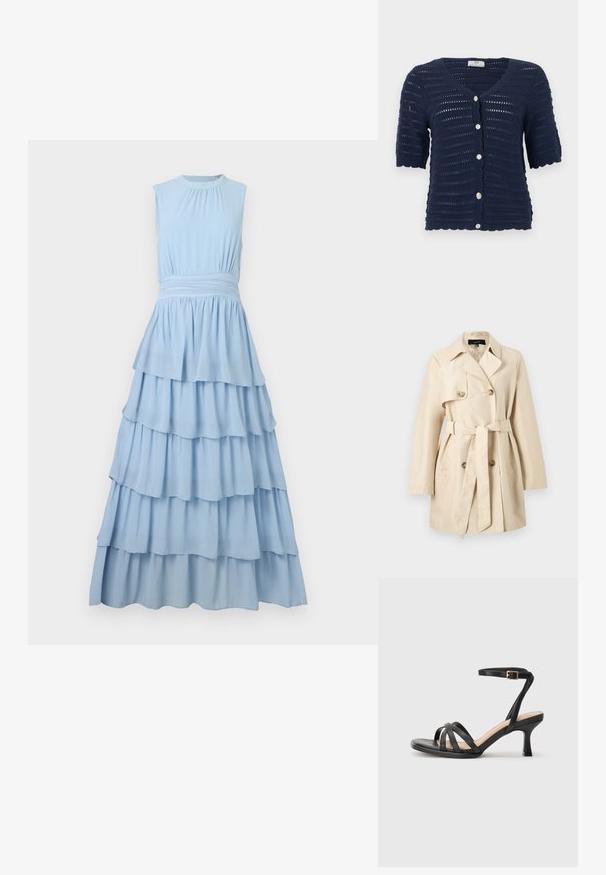 Trench-coat court beige avec boutons croisés, large col, ceinture à nouer à la taille et poches latérales.; Cardigan court à manches courtes en maille bleu marine avec des rayures horizontales ajourées et cinq boutons ronds scintillants sur le devant.; Robe maxi bleu clair sans manches avec un col haut et une jupe à volants en plusieurs couches, dotée d'une large ceinture froncée.; Sandales à talons noirs avec plusieurs fines lanières sur le bout, une seule lanière à la cheville avec une boucle dorée, et un bout carré.