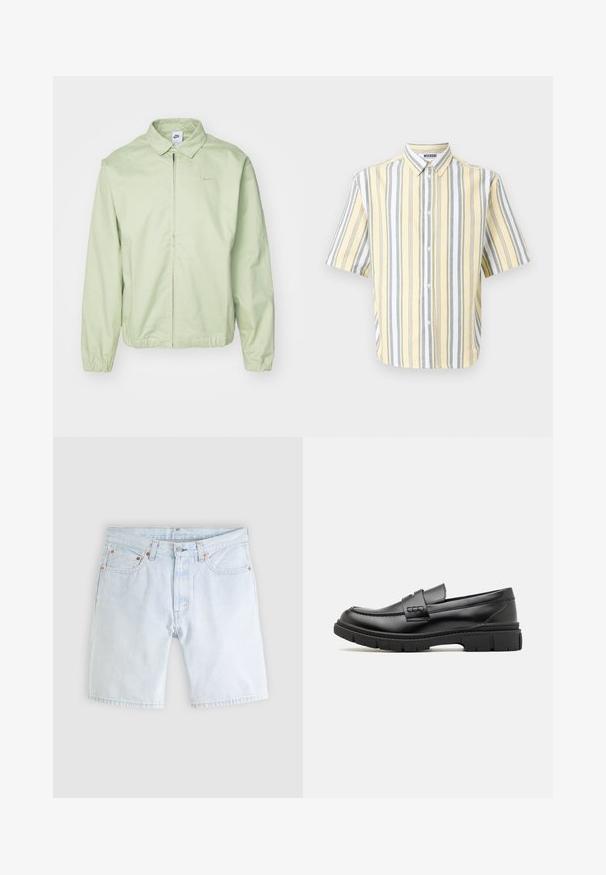 Lichtgroene jas van gladde stof, met een kraag, een ritssluiting aan de voorkant, elastische manchetten en een subtiel logo op de borst.; Korte mouwen shirt in geel met verticale grijze en witte strepen, met een button-down kraag en een sluiting met knopen aan de voorkant.; Lichtblauwe denimshorts met knoopsluiting aan de voorkant, rits, vijf zakken en riemlussen op een effen lichtgrijze achtergrond.; Zwarte leren instapper met een brede band over de voet, rubberen zool met dikke noppen en een gladde textuur. Klassiek, strak ontwerp.