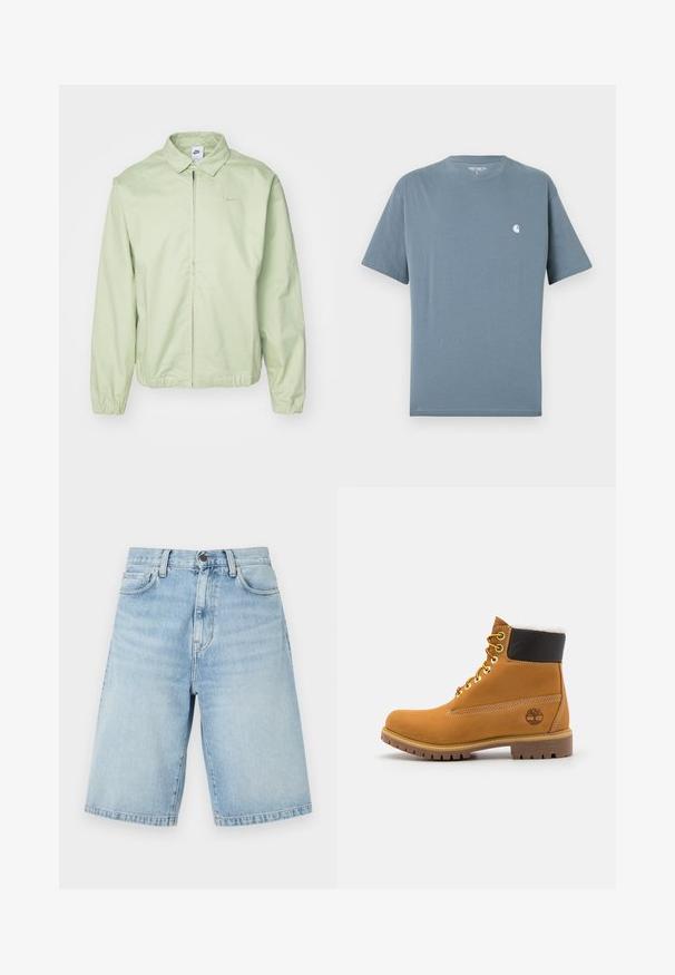 Lys grøn jakke lavet af glat stof, med krave, frontlynlås, elastiske ærmer og et diskret logo på brystet.; Blå Carhartt T-shirt med korte ærmer, rund hals og lille hvidt logo på venstre bryst, størrelse large.; Lyseblå denim knælange shorts med forlommer, bæltestropper og knaplukning.; Brune læder ankelstøvle med metaløjer, hvid pelsforing, sort polstret krave, robust sål og præget logo på siden.