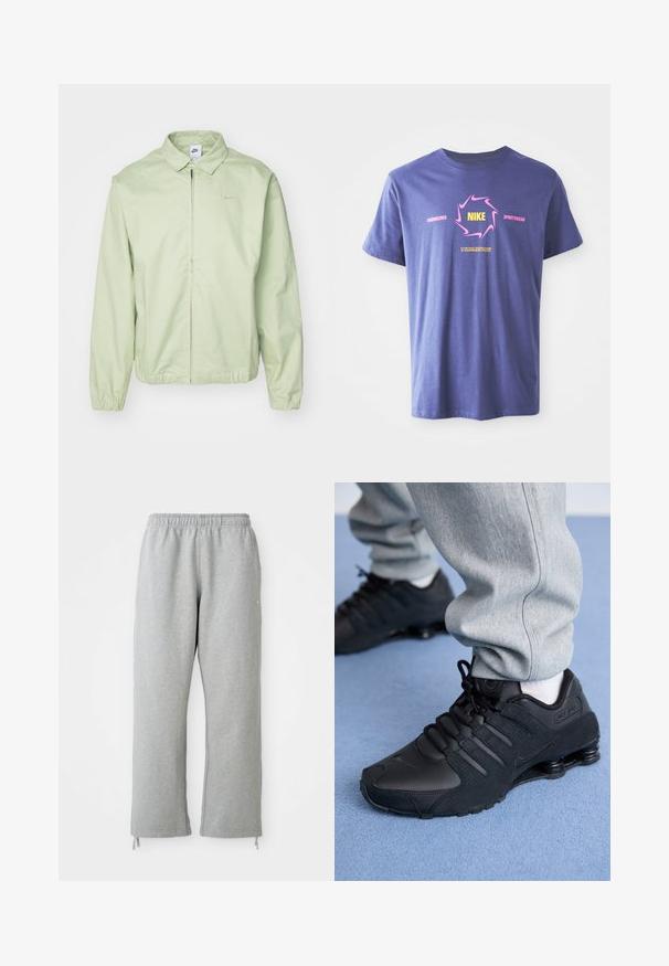 Lys grøn jakke lavet af glat stof, med krave, frontlynlås, elastiske ærmer og et diskret logo på brystet.; Lilla bomulds T-shirt med korte ærmer, der har et dristigt grafisk design. Inkluderer "Nike" i gult inden i en lyserød virvel og tekst accenter.; Grå sweatpants med elastisk talje, lige ben og snoretræk ved kanten. Fremstillet af blødt, struktureret stof.; Person iført sorte Nike Shox sneakers og grå joggingbukser, der står på lyseblåt tæppe.
