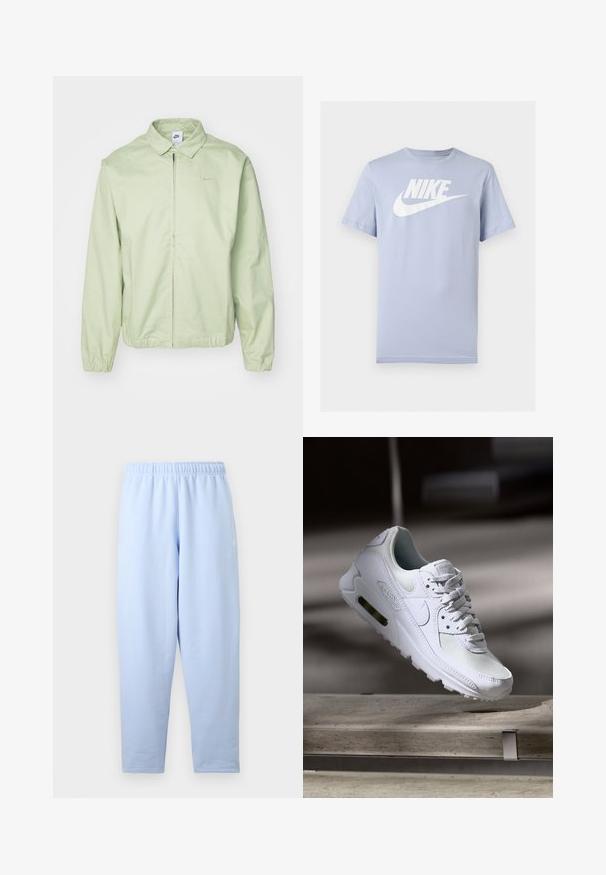 Helle grüne Jacke aus glattem Stoff mit Kragen, Frontreißverschluss, elastischen Bündchen und einem dezenten Logo auf der Brust.; Hellblaues Kurzarm-T-Shirt aus Baumwolle mit weißem Nike-Logo und Swoosh auf der Brust, vor einfarbigem Hintergrund dargestellt.; Hellblaue, gerade geschnittene Jogginghose mit elastischem Bund, dezentem Seitenlogo und ohne sichtbare Taschen oder weitere Details.; Weiße Nike Air Max 90 Sneaker mit einem Obermaterial aus Mesh und Leder, durchlässigem Zehenbereich und einer sichtbaren Air-Einheit in der Ferse.