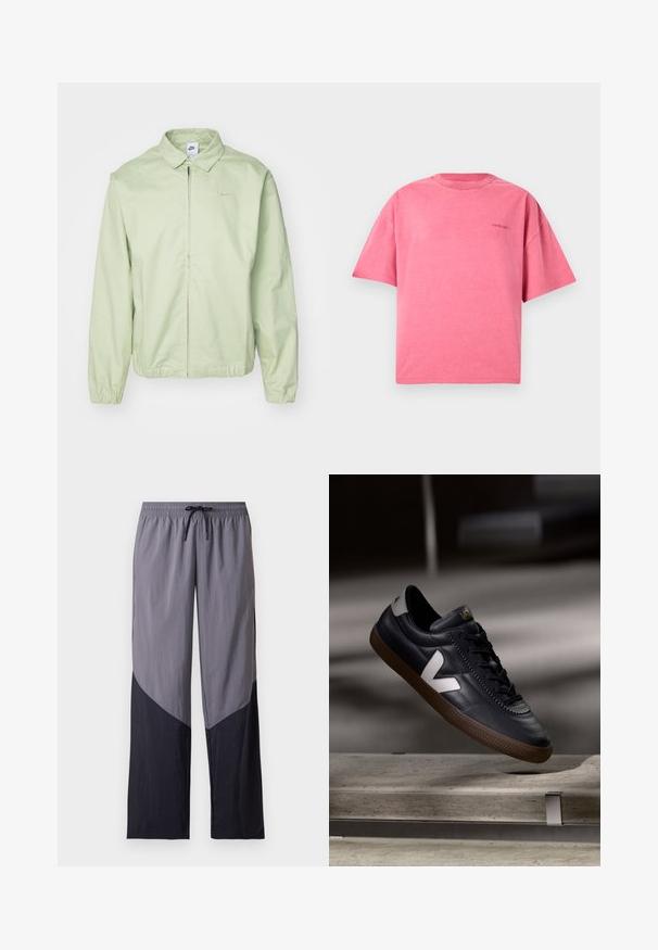 Lys grøn jakke lavet af glat stof, med krave, frontlynlås, elastiske ærmer og et diskret logo på brystet.; Lyserød oversized T-shirt med korte ærmer og rund hals, med subtilt lille logo på venstre bryst, vist mod en ensfarvet lys baggrund.; Lysegrå og sorte farveblokke casual bukser med elastisk taljebånd og sort snøre foran.; Sort lædersneaker med hvid V-logo, snørebånd foran, perforerede detaljer og brunt gummisål; slankt design med minimale accenter.
